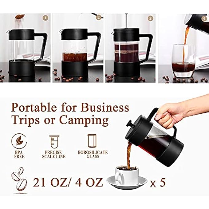 Funito French Press Coffee  Tea Maker 600Ml Thickened Borosilicate Glass Coffee Press With Filter Screens RustFree And Dishwasher Safe 100 Bpa Free - Image 4