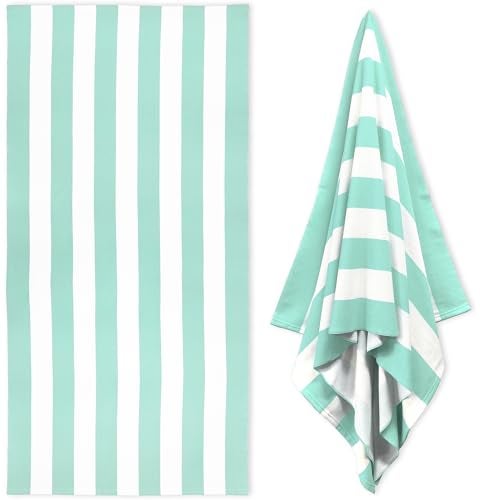 HENBAY Large Oversized Beach Towel - 35 x 70 Inch Microfiber Pool Towel, Aqua Striped Quick Dry Cabana Swim Towel - Image 1