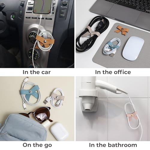 SenseAGE 5 Pack Cord Organizer, Bow Cord Keeper, Cable Organizer USB holder, Leather Cable Management, Cable Straps, Earphone winder, Storage Straps for Electronics, Earbuds (Baby Blue, Small) - Image 4