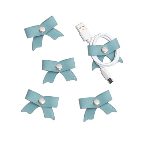 SenseAGE 5 Pack Cord Organizer, Bow Cord Keeper, Cable Organizer USB holder, Leather Cable Management, Cable Straps, Earphone winder, Storage Straps for Electronics, Earbuds (Baby Blue, Small) - Image 1