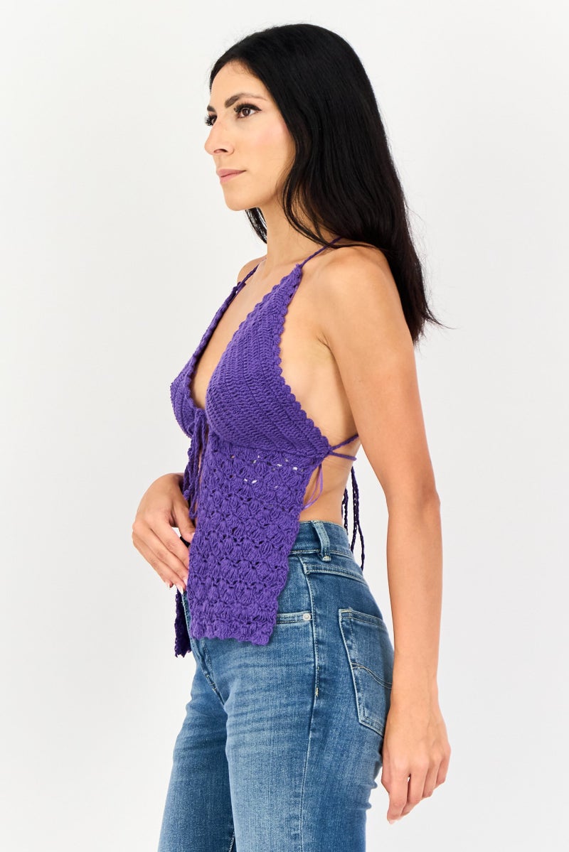 Bershka بلوزة نسائية بدون أكمام بتصميم هالتر، بنفسجي - Image 2