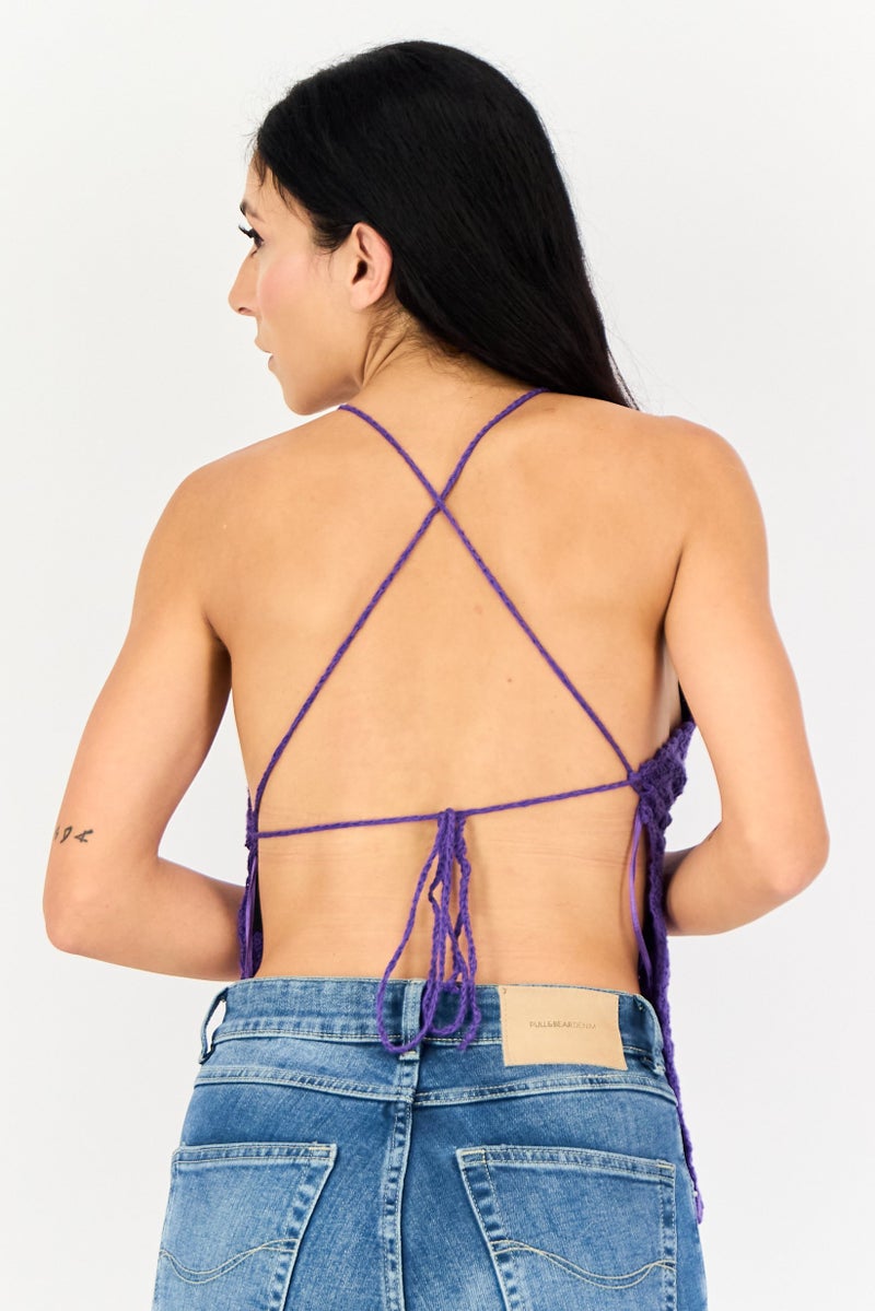 Bershka بلوزة نسائية بدون أكمام بتصميم هالتر، بنفسجي - Image 3