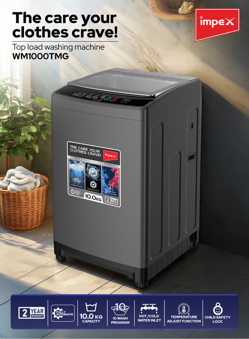 Impex 10Kg Fully Automatic Top Load Washing Machine,10 Wash Program And Temperature Adjustment, Hot&Cold Water Inlet,IPX4 Water Resistant, Detergent Dispenser Tray, Child Safety Lock 10 kg WM1000TMG Dark Grey - Image 2