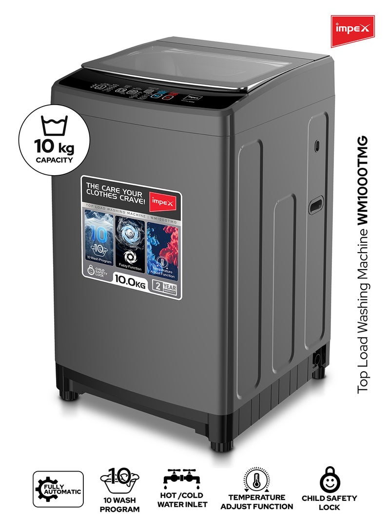 Impex 10Kg Fully Automatic Top Load Washing Machine,10 Wash Program And Temperature Adjustment, Hot&Cold Water Inlet,IPX4 Water Resistant, Detergent Dispenser Tray, Child Safety Lock 10 kg WM1000TMG Dark Grey - Image 1