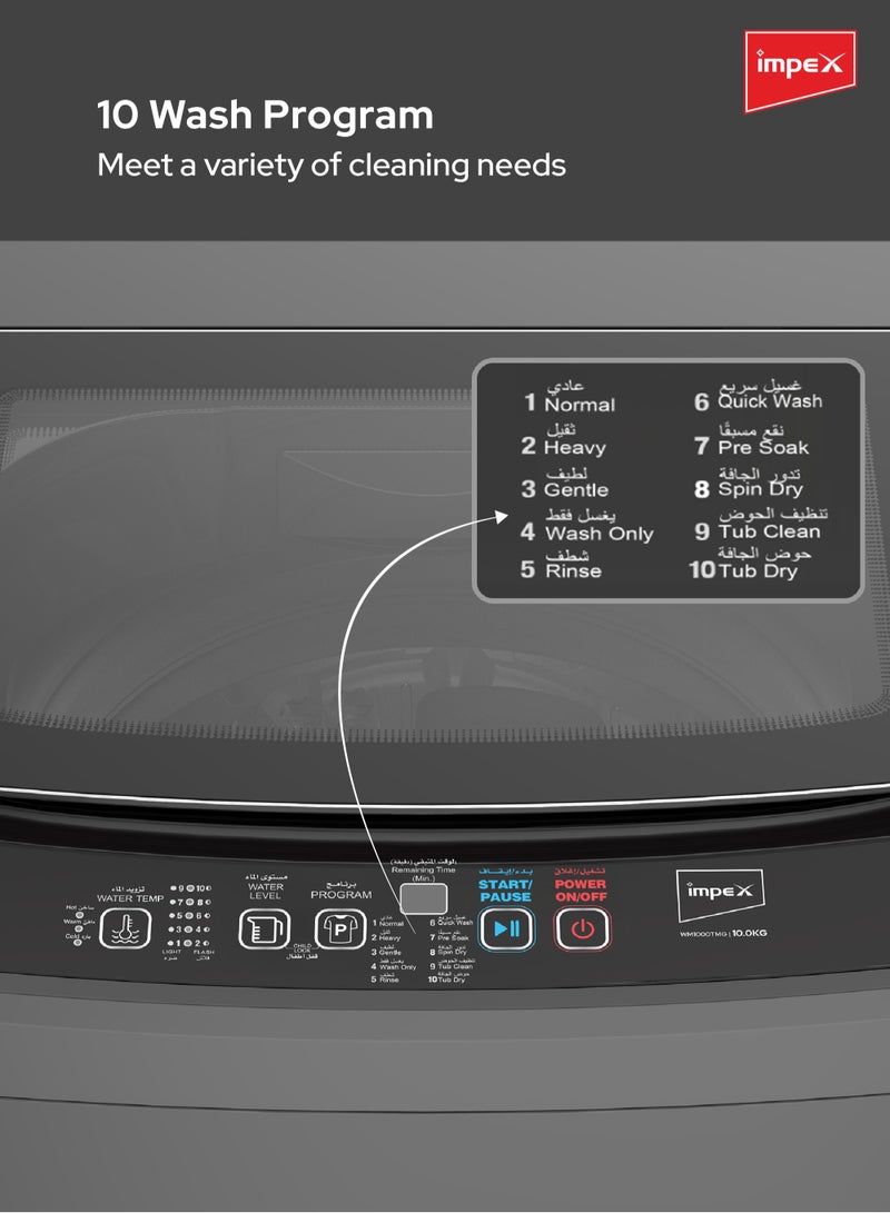Impex 10Kg Fully Automatic Top Load Washing Machine,10 Wash Program And Temperature Adjustment, Hot&Cold Water Inlet,IPX4 Water Resistant, Detergent Dispenser Tray, Child Safety Lock 10 kg WM1000TMG Dark Grey - Image 4