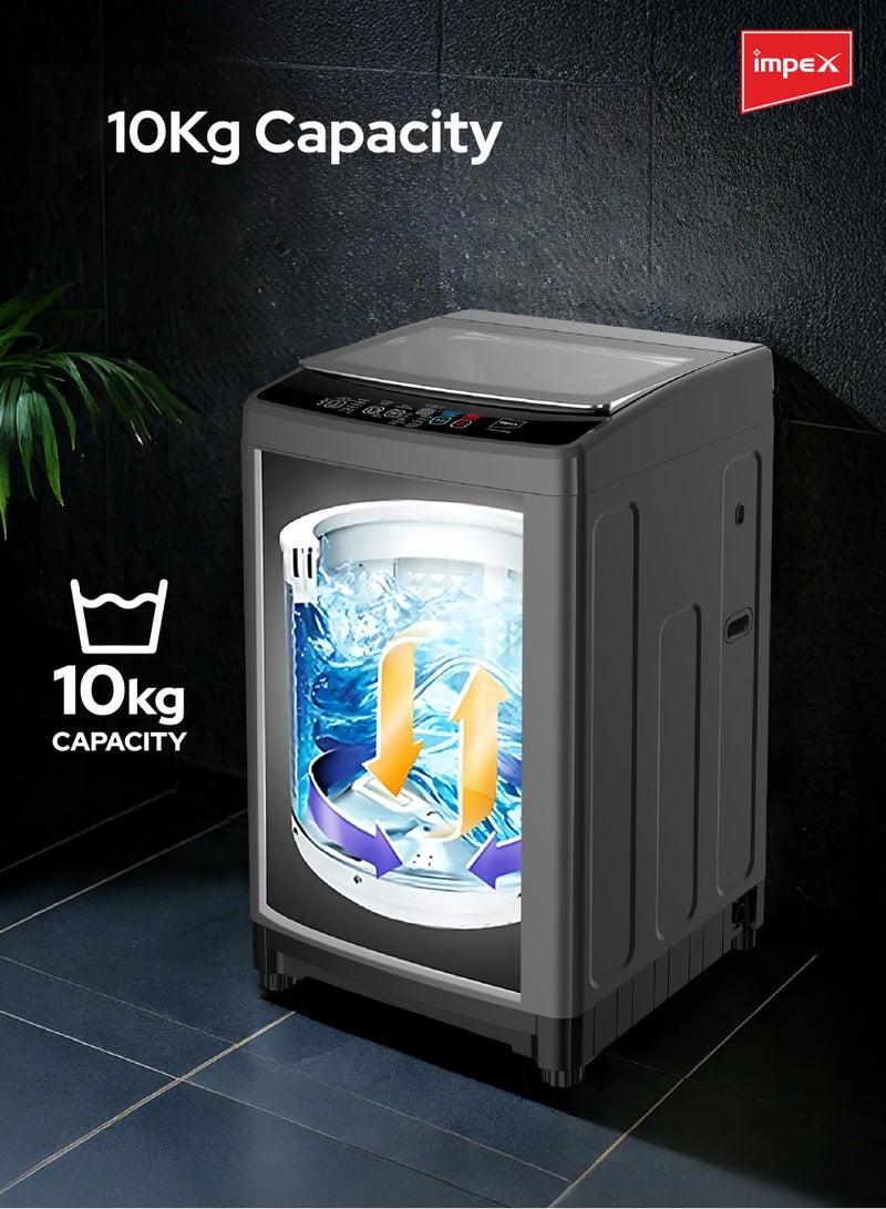 Impex 10Kg Fully Automatic Top Load Washing Machine,10 Wash Program And Temperature Adjustment, Hot&Cold Water Inlet,IPX4 Water Resistant, Detergent Dispenser Tray, Child Safety Lock 10 kg WM1000TMG Dark Grey - Image 5