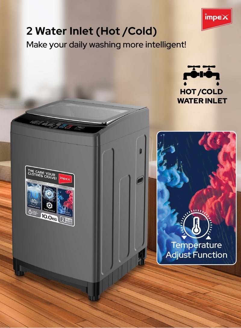 Impex 10Kg Fully Automatic Top Load Washing Machine,10 Wash Program And Temperature Adjustment, Hot&Cold Water Inlet,IPX4 Water Resistant, Detergent Dispenser Tray, Child Safety Lock 10 kg WM1000TMG Dark Grey - Image 3