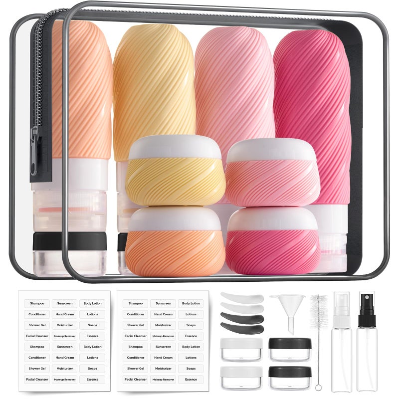 LitBear 23 Pack TSA Approved Travel Bottles for Toiletries, Leak Proof Refillable Travel Size Containers Kit with Silicone Squeezable Bottles Jars for Shampoo Lotion Conditioner, in Clear Bag, Pink - Image 1