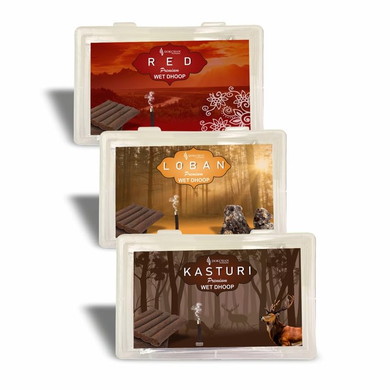 DOKCHAN Premium Wet Dhoop Long Lasting Fragrance for Home Meditation Air Purifier Daily Pooja Rituals All Festivals (10 Sticks Red & Loban & Kasturi Pack of 3) - Image 1