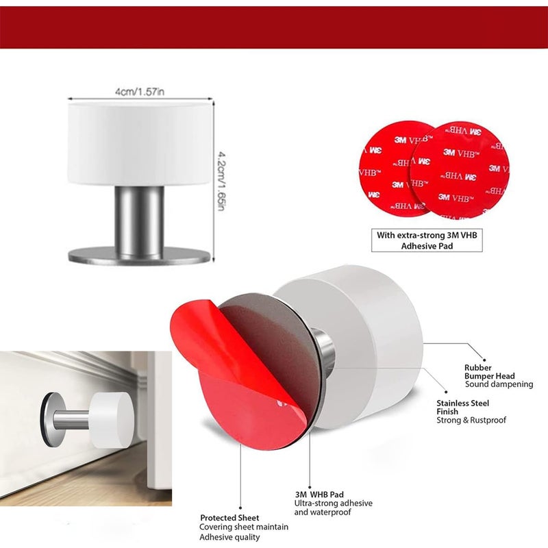 THYBDB Door Stoppers with Extra Stickers, Self-Adhesive Door Stop with White Rubber & Stainless Steel Body - Sound Dampening Door Bumpers for Home & Office, Door stoppers for Bottom of Door (Medium-2.56inch) - Image 4