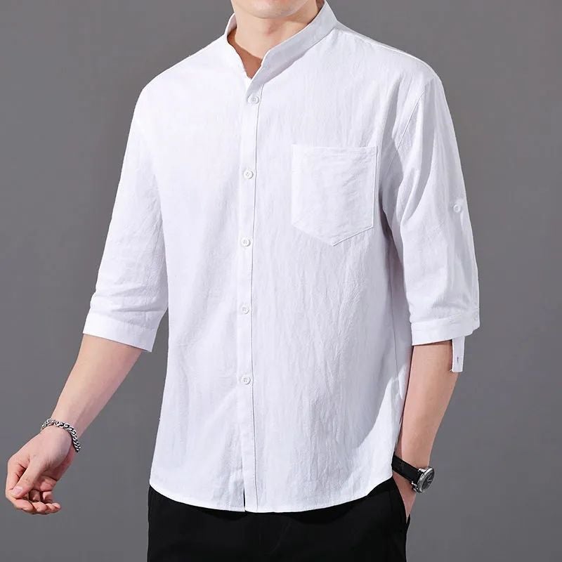 Linen Shirt Mens Long-sleeved Loose Trendy Casual Jacket Top Chinese Style Seven-sleeved Cotton Linen Short-sleeved Black Shirt M [Suggested 40.00 kg-47.50 kg]] 