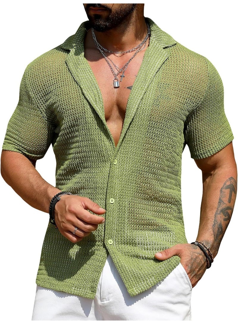 NIBEMINENT Men's Casual Shirt Fashion Breathable Men Cardigan Short Sleeve Knit Tops Summer Hollow Out Beach Button Solid Shirts - Image 1