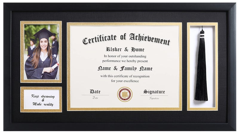 ELSKER&HOME ELSKERHOME 11x22 Diploma Frames with Tassel Holder for 85x11 Certificate Document Shadow Box 4x6 Graduation Photo Matte Black Frame Degree Double Mat Black with Gold Rim 