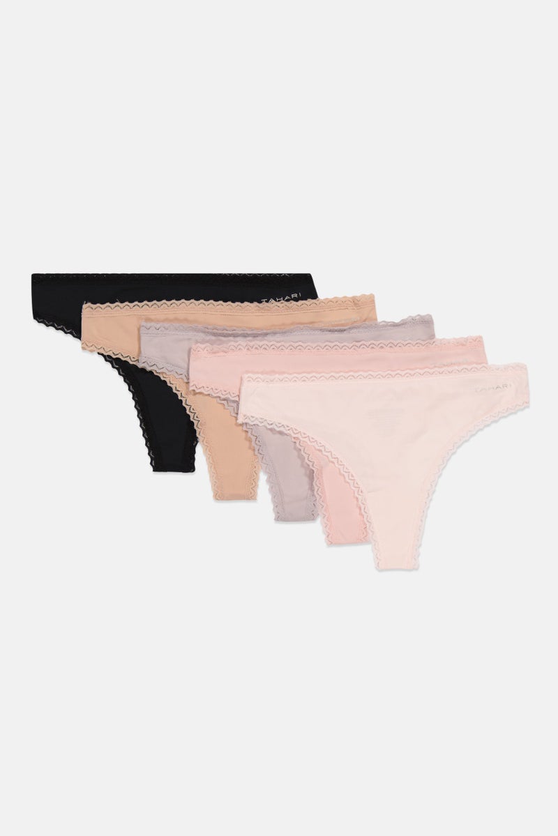 Tahari Women 5 Pack Laced Nylon Thong, Pink  - Image 3