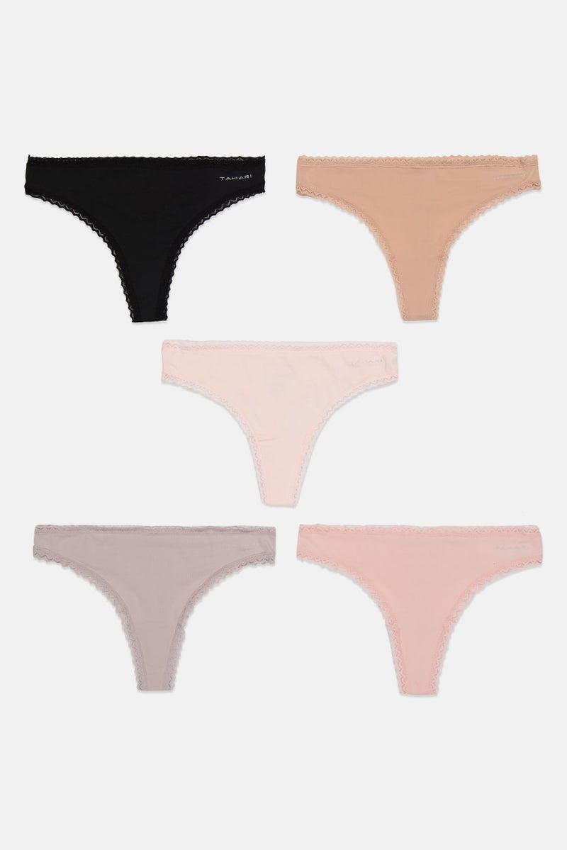 Tahari Women 5 Pack Laced Nylon Thong, Pink  - Image 1