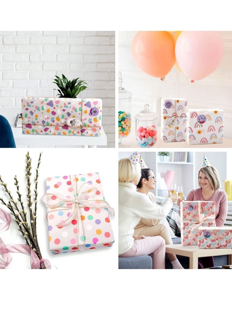 4 Sheets Gift Wrapping Paper Set Birthday Polka Dots Heart Wraps for Wedding Baby Shower with Stripes Stickers for Party with Different Color Gift bag - Image 4