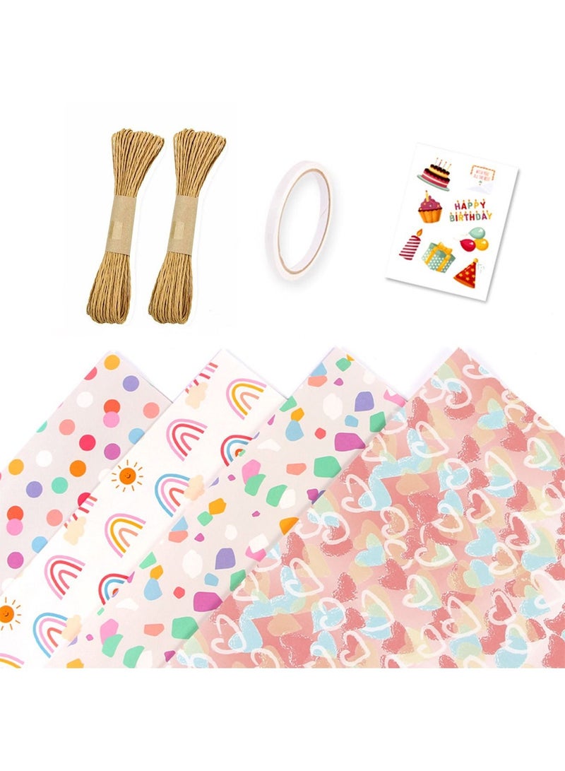 4 Sheets Gift Wrapping Paper Set Birthday Polka Dots Heart Wraps for Wedding Baby Shower with Stripes Stickers for Party with Different Color Gift bag - Image 1