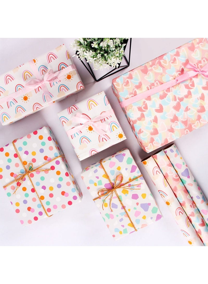 4 Sheets Gift Wrapping Paper Set Birthday Polka Dots Heart Wraps for Wedding Baby Shower with Stripes Stickers for Party with Different Color Gift bag - Image 2