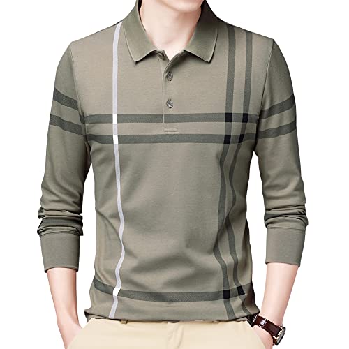 Womleys Mens Casual Striped Cotton Long Sleeve Collared T Shirt Polo Shirts (X-Small, Light Green) - Image 1