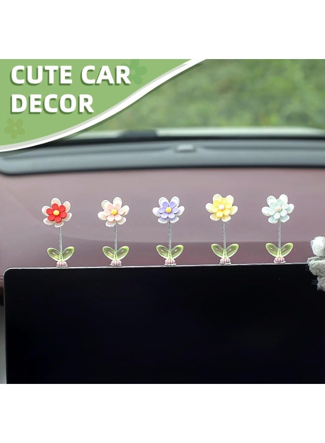 5 Pcs Daisy Cute Car Decor for Women,Mini Resin Flower Rear View Mirror Accessories with Spring Funny Decorations for Car Interior Computer Desk Dashboard Ornament - Image 2