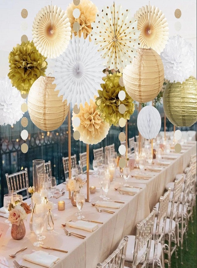 FETETIJD White Gold Party Decorations Tissue Pom Poms Paper Lanterns Hanging Paper Fan Honeycomb Christmas Wedding Engagement Bachelorette Neutral Birthday Baby Bridal Shower Decoration - Image 5