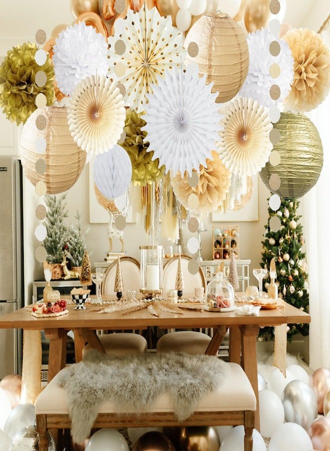 FETETIJD White Gold Party Decorations Tissue Pom Poms Paper Lanterns Hanging Paper Fan Honeycomb Christmas Wedding Engagement Bachelorette Neutral Birthday Baby Bridal Shower Decoration - Image 4