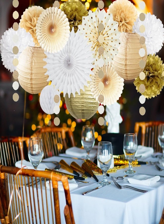 FETETIJD White Gold Party Decorations Tissue Pom Poms Paper Lanterns Hanging Paper Fan Honeycomb Christmas Wedding Engagement Bachelorette Neutral Birthday Baby Bridal Shower Decoration - Image 3