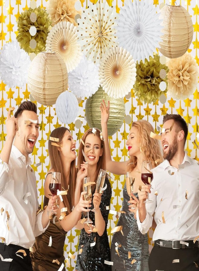 FETETIJD White Gold Party Decorations Tissue Pom Poms Paper Lanterns Hanging Paper Fan Honeycomb Christmas Wedding Engagement Bachelorette Neutral Birthday Baby Bridal Shower Decoration - Image 2