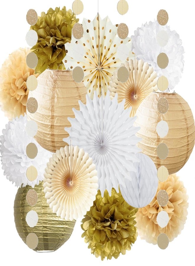 FETETIJD White Gold Party Decorations Tissue Pom Poms Paper Lanterns Hanging Paper Fan Honeycomb Christmas Wedding Engagement Bachelorette Neutral Birthday Baby Bridal Shower Decoration - Image 1