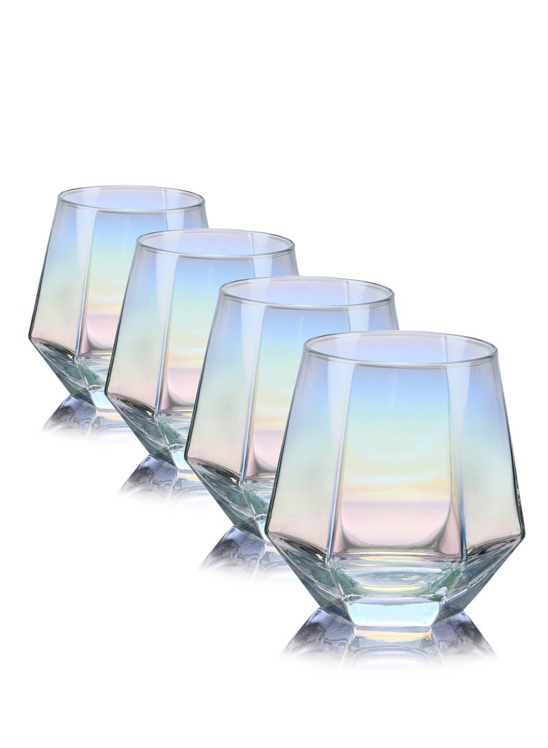 KASTWAVE Colorful Diamond Stemless Wine Glass, 4 Piece Modern Rainbow Dazzling Frosted Hexagonal Glass Water Glass Gold Whiskey Glass Home Milk Glass for Holding White Wine, Red Wine, Etc. - Image 1
