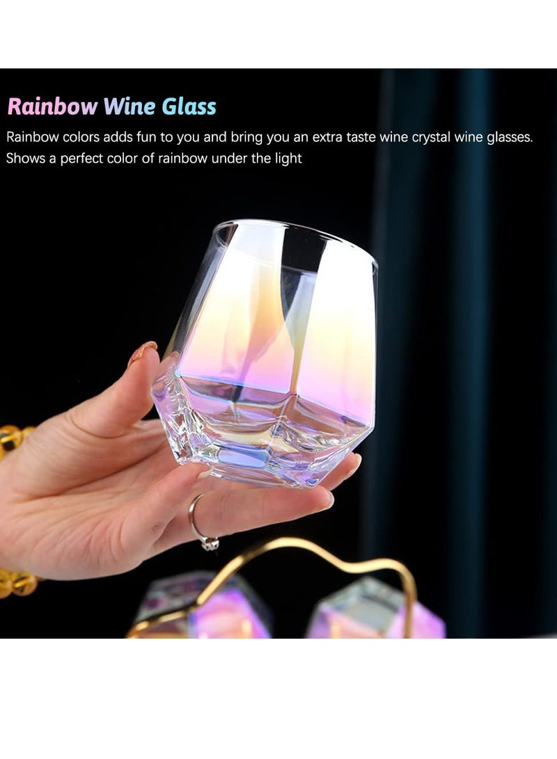 KASTWAVE Colorful Diamond Stemless Wine Glass, 4 Piece Modern Rainbow Dazzling Frosted Hexagonal Glass Water Glass Gold Whiskey Glass Home Milk Glass for Holding White Wine, Red Wine, Etc. - Image 3
