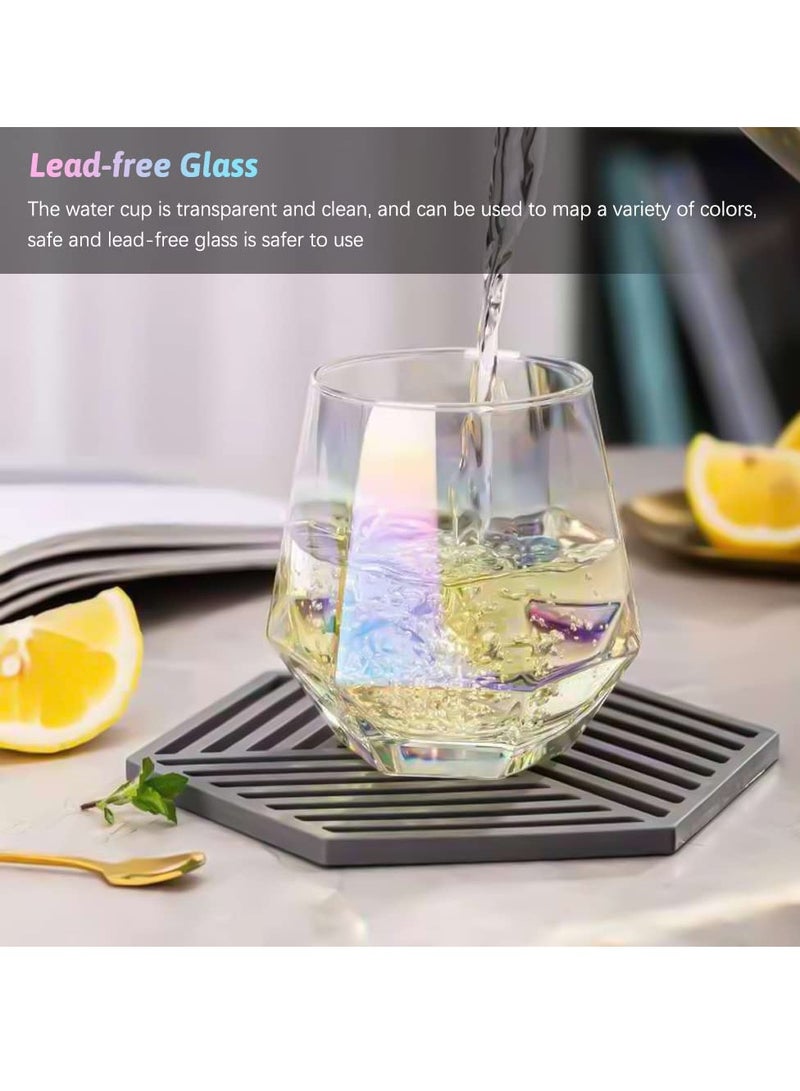 KASTWAVE Colorful Diamond Stemless Wine Glass, 4 Piece Modern Rainbow Dazzling Frosted Hexagonal Glass Water Glass Gold Whiskey Glass Home Milk Glass for Holding White Wine, Red Wine, Etc. - Image 4