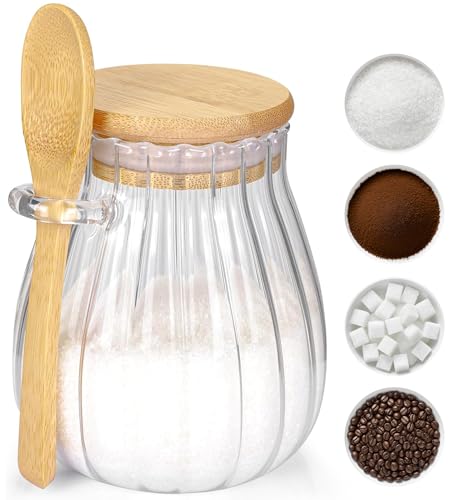 holoith Sugar Container with Bamboo Lid and Spoon,15 oz Sugar Bowl Glass Jar for Coffee Bar Accessories Coffee Canister Kitchen Decor Housewarming Gift Christmas Refillable Design - Image 1