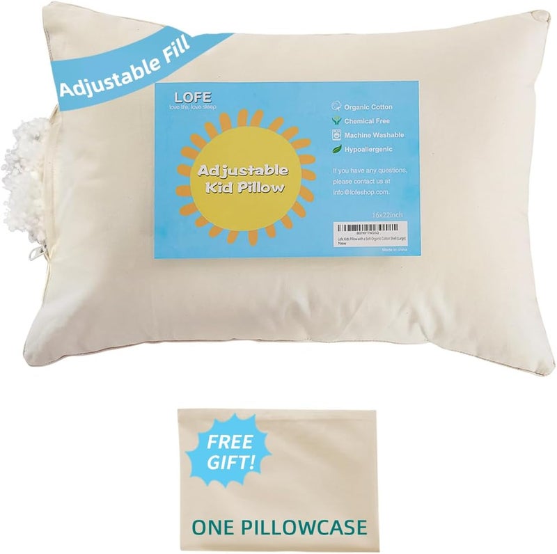 LOFE Organic Kids Pillow with Pillowcase  16x22 Youth Pillow with 100 Organic Cotton Shell Adjustable Loft Organic plilow Machine Washable Soft Perfect for KidsYouthChildren - Image 1
