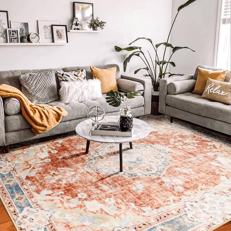 MUJOO 8x10 Area Rugs for Living Room Large Washable Rug Boho Carpet 8x10 for Bedroom Non Slip Abstract Soft LowPile Orange Navy Blue Floral