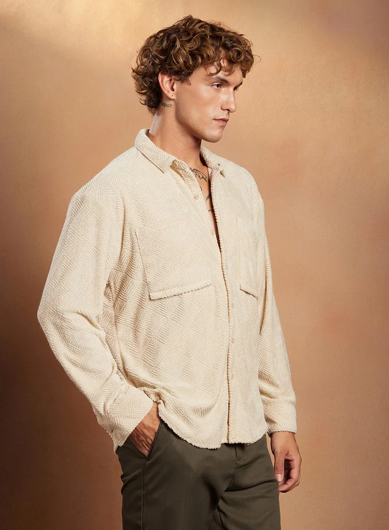 Campus Sutra Campus Sutra Men's Ecru Beige Axisline Utility-Relaxed Shirt For Casual Wear | Spread Collar | Long Cuffed Sleeves | Button Closure | Shirt Crafted With Comfort Fit For Everyday Wear