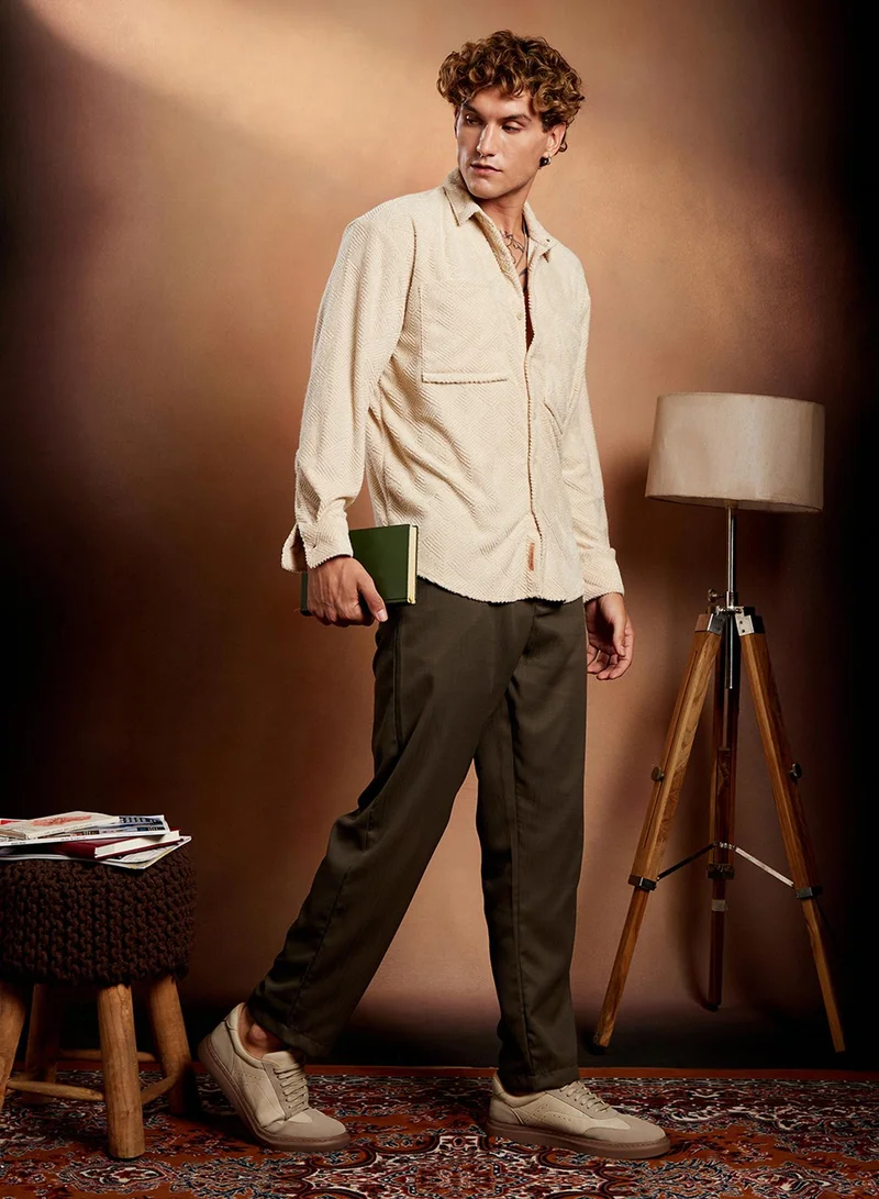 Campus Sutra Campus Sutra Men's Ecru Beige Axisline Utility-Relaxed Shirt For Casual Wear | Spread Collar | Long Cuffed Sleeves | Button Closure | Shirt Crafted With Comfort Fit For Everyday Wear
