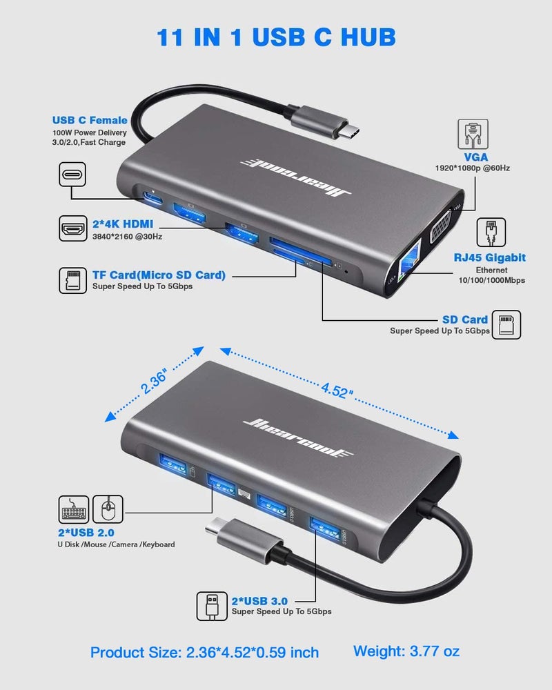 Hiearcool USB-C Docking Station for Laptop, Triple Display Dock with 4K HDMI & 1080p VGA, 11-in-1 USB-C Dock with Ethernet, 100W Charging for Home Office - Image 3