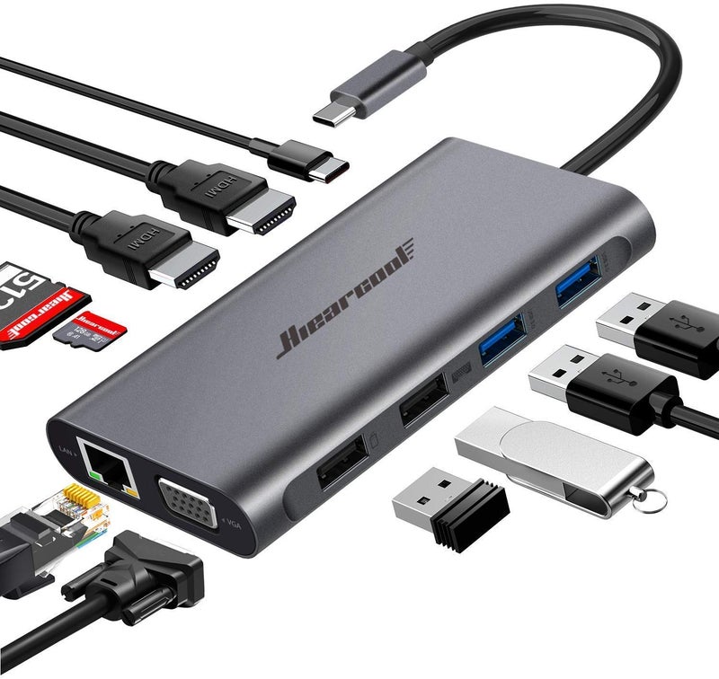 Hiearcool USB-C Docking Station for Laptop, Triple Display Dock with 4K HDMI & 1080p VGA, 11-in-1 USB-C Dock with Ethernet, 100W Charging for Home Office - Image 1