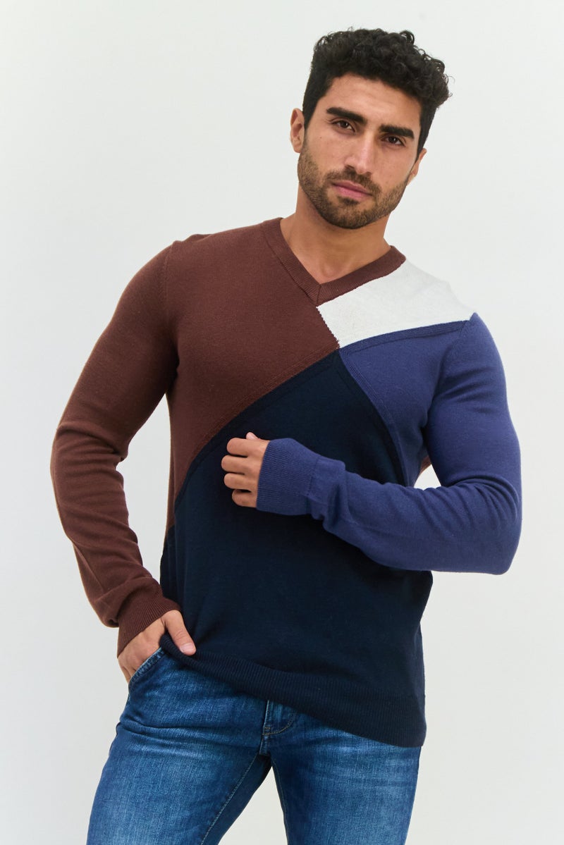 PERRY ELLIS Men V-Neck Long Sleeves Colorblock Sweater, Navy - Image 1