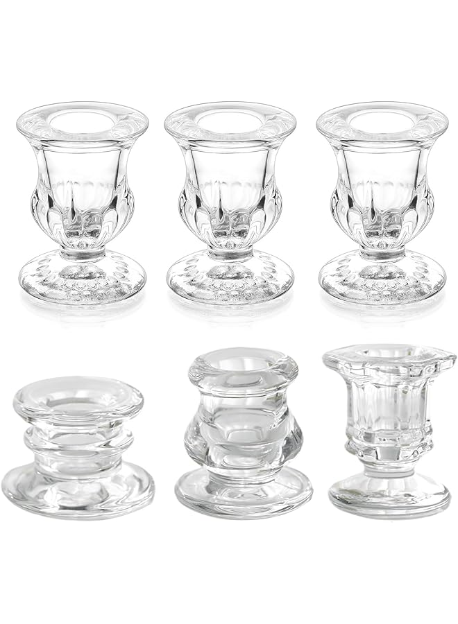 The Bros Glass Taper Candleholders - Clear Small Candlestick Holder Bulk, Set of 6 Clear Candleholders for Taper Candles Small Table, Glass Candlestick Holders, Thicker Glass Candle Sticks Set - Image 1