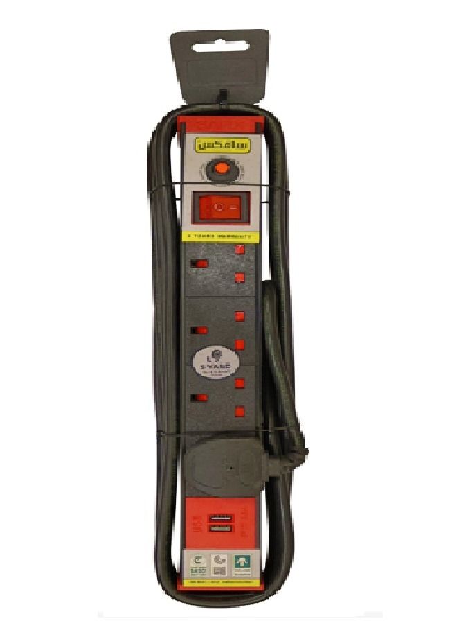 سافيكس سلك تمديد طاقة 5 ياردات متعدد المكونات مع فتحات شحن USB سريعة ، شريط طاقة 4 اتجاهات ومفتاح إيقاف تشغيل ، أسود أحمر ، صناعة سعودية - Image 1