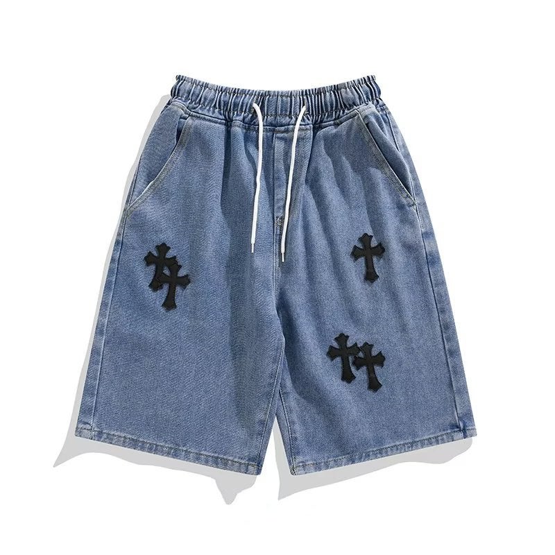 Denim Shorts Mens Summer Hong Kong Style New Cross Labeling High Street Teenager Loose Straight Casual Shorts Blue (elastic waist) 
