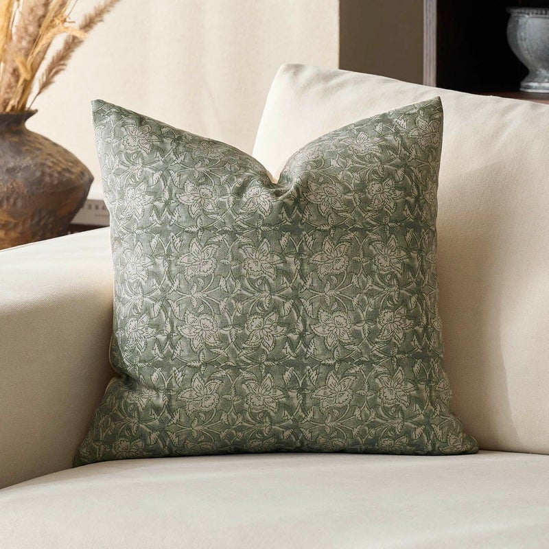 DOMVITUS Floral Pillow Covers 20x20 Throw Pillow Covers Block Print Vintage Decorative Neutral Pillow Cover for Couch Bed Living Room Dusty Green 1PC - Image 1