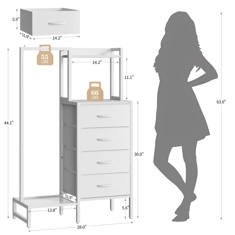Yoobure White Dresser with Hanging Rack - Small Dresser for Bedroom with 4 Drawers, 44'H Chest of Drawers, Reversible Kids Dressers with Storage Shelf, Closet Dressers with Clothes Rack, Sturdy Frame - Image 2