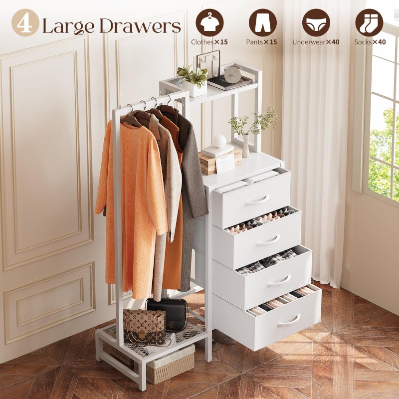 Yoobure White Dresser with Hanging Rack - Small Dresser for Bedroom with 4 Drawers, 44'H Chest of Drawers, Reversible Kids Dressers with Storage Shelf, Closet Dressers with Clothes Rack, Sturdy Frame - Image 4