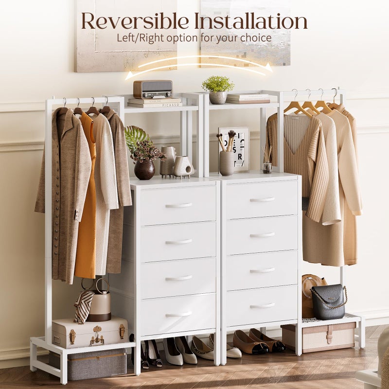 Yoobure White Dresser with Hanging Rack - Small Dresser for Bedroom with 4 Drawers, 44'H Chest of Drawers, Reversible Kids Dressers with Storage Shelf, Closet Dressers with Clothes Rack, Sturdy Frame - Image 5