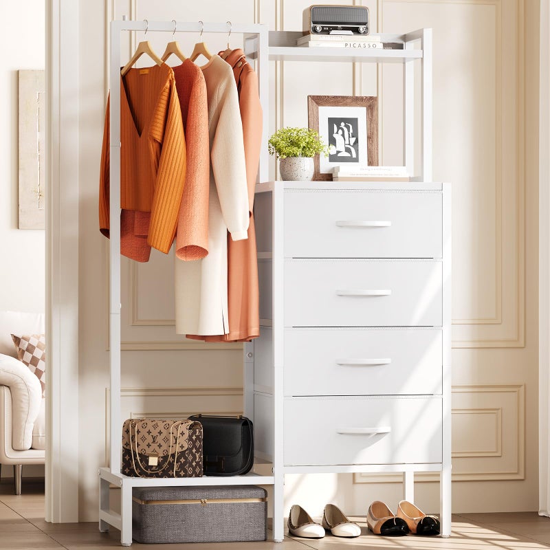 Yoobure White Dresser with Hanging Rack - Small Dresser for Bedroom with 4 Drawers, 44'H Chest of Drawers, Reversible Kids Dressers with Storage Shelf, Closet Dressers with Clothes Rack, Sturdy Frame - Image 1