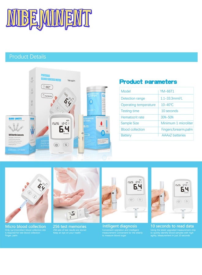 NIBEMINENT Blood Glucose Monitoring System With 1 Lancing Device, 50 Test Strips and 50 Blood Lancets, Portable Blood Sugar Test Kit  - Image 2