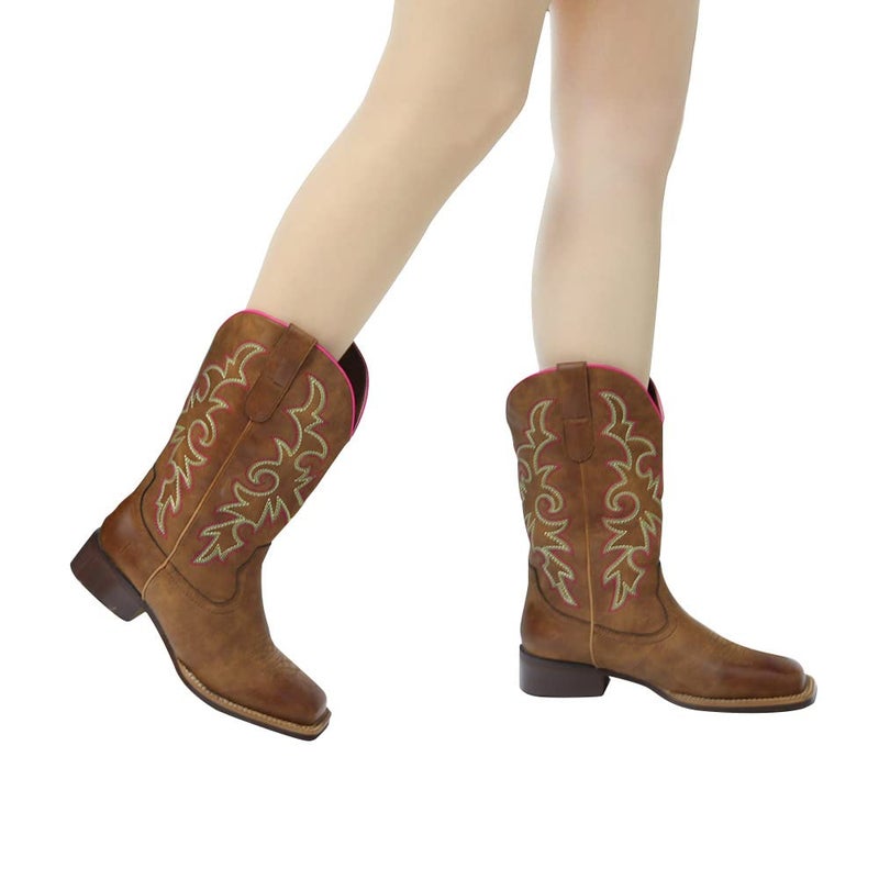 J's.o.l.e Fashion Cowboy Boots for Women Square Toe Wide Mid Calf Western Cowgirl Boots Brown US Size 8 - Image 5